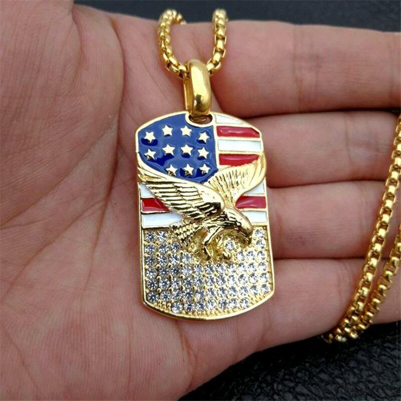 Gold American Flag Eagle Dog Tag Necklace