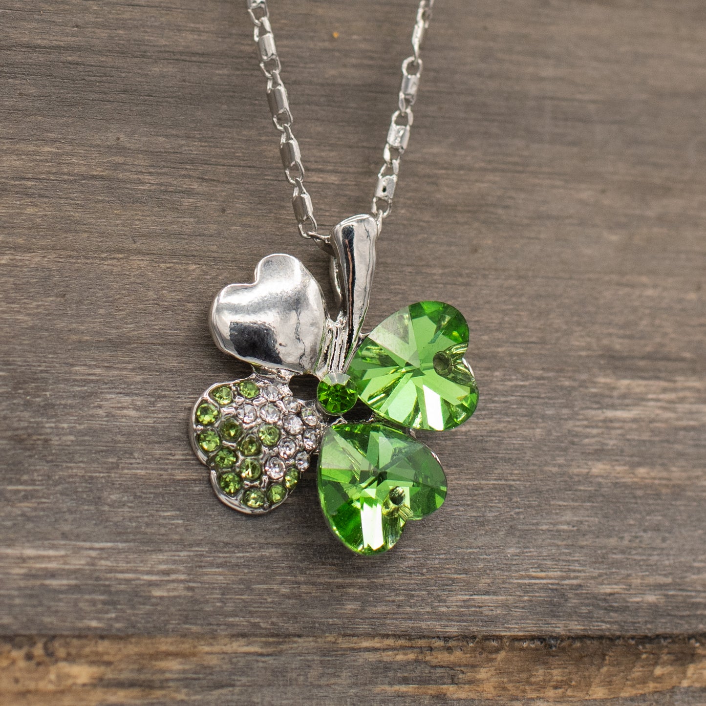 Four Leaf Clover Green and Silver Crystal Necklace
