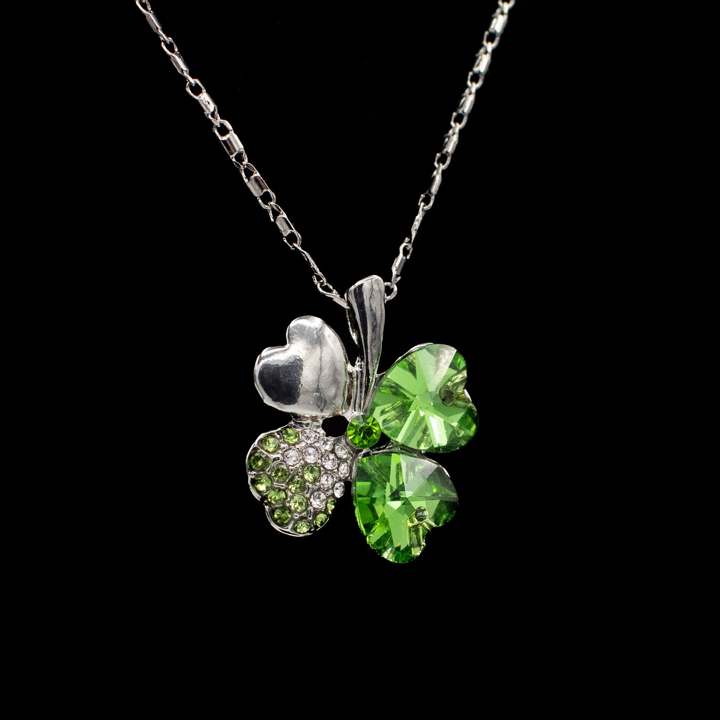 Four Leaf Clover Green and Silver Crystal Necklace
