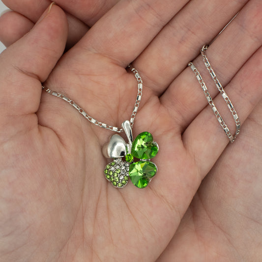 Four Leaf Clover Green and Silver Crystal Necklace