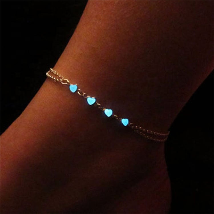 Glow in the Dark Silver Heart Anklet, Bracelet