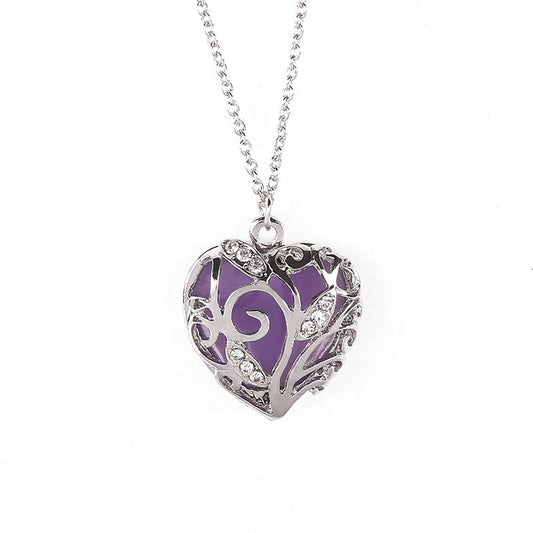Luminous Purple Heart, Glow in the Dark Silver Necklace