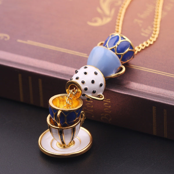 Stacked Teacups Tea Cup Necklace - Purple & White