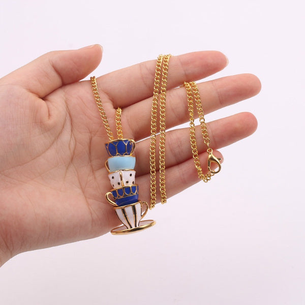 Stacked Teacups Tea Cup Necklace - Purple & White