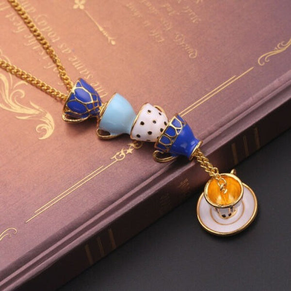 Stacked Teacups Tea Cup Necklace - Purple & White