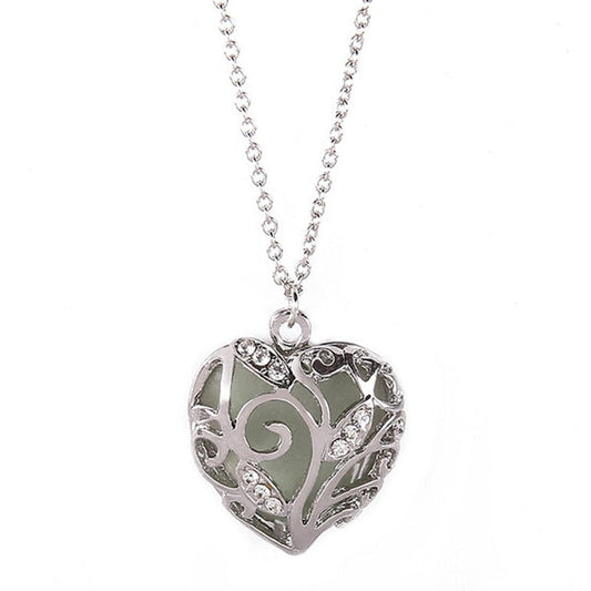Luminous Green Heart, Glow in the Dark Silver Necklace