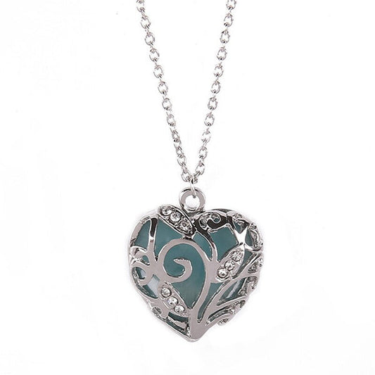 Luminous Blue Heart, Glow in the Dark Silver Necklace