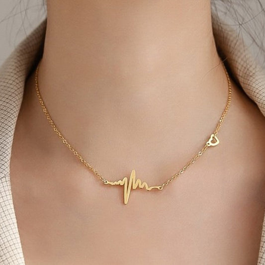 Gold Heartbeat ECG, EKG with Heart Charm Necklace