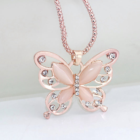 Super Cute Rose Gold, Pink Opal Butterfly Necklace