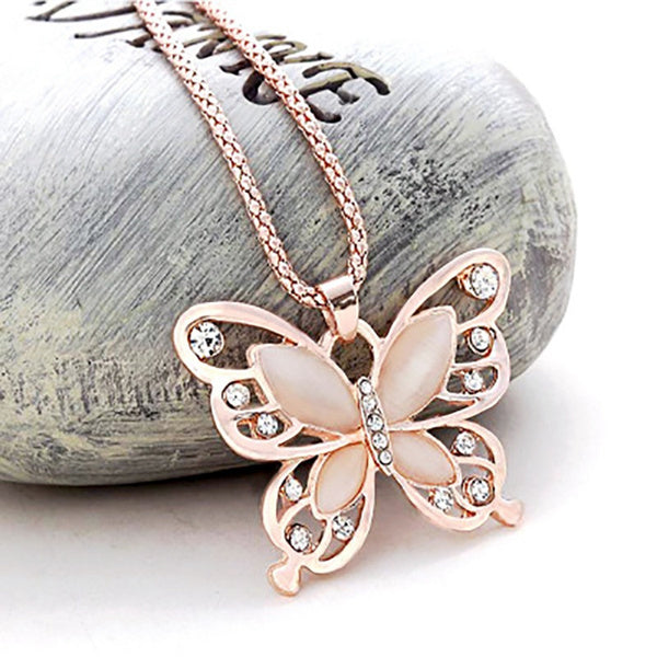 Super Cute Rose Gold, Pink Opal Butterfly Necklace