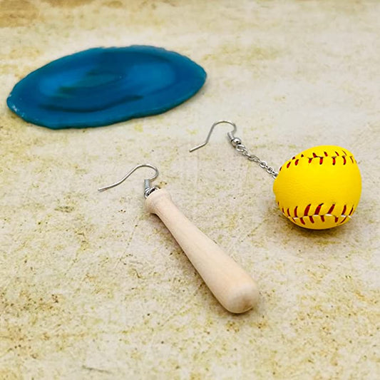 Asymmetrical Softball Bat & Softball Drop 3D Earrings