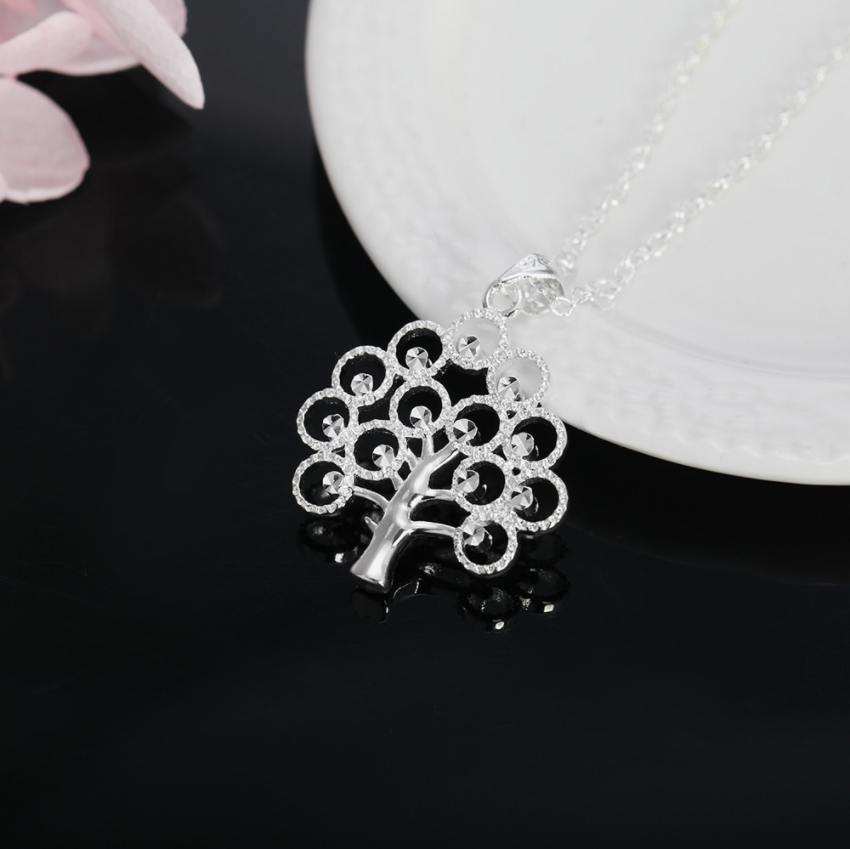 Blossoming Silver Crystal Tree Pendant Necklace