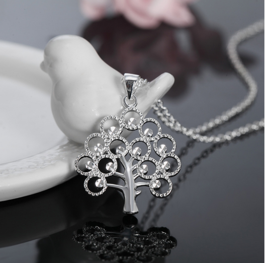 Blossoming Silver Crystal Tree Pendant Necklace