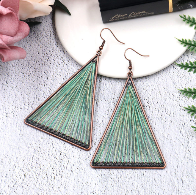 Green Geometric Triangle Woven Cloth Boho Earrings