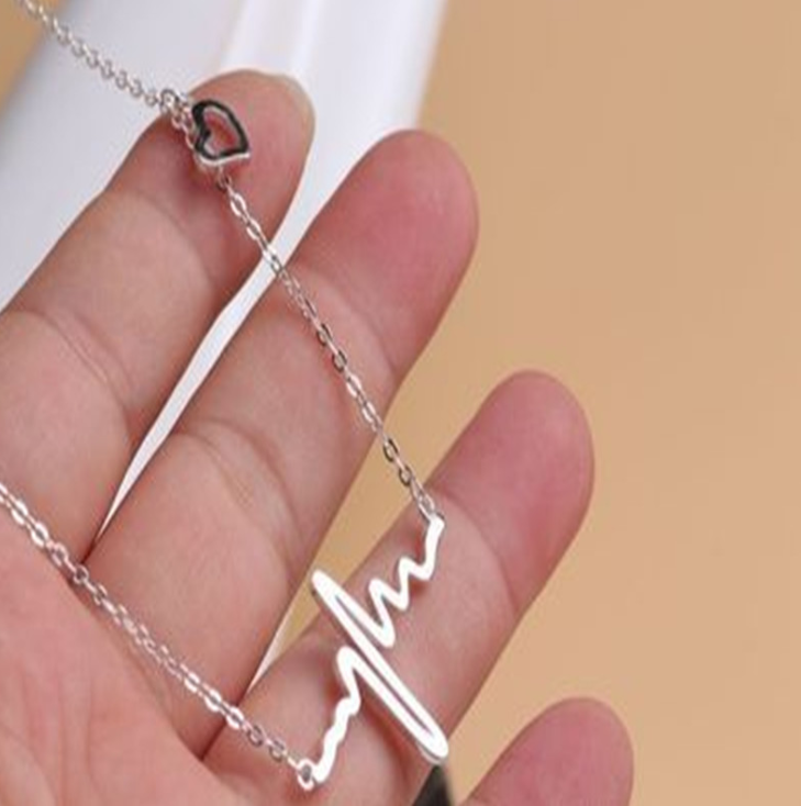 Gold Heartbeat ECG, EKG with Heart Charm Necklace