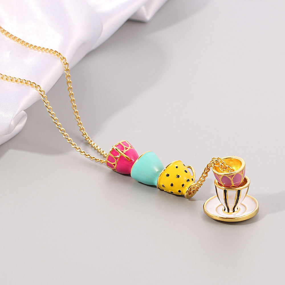 Pastel Stacked Teacups Tea Cup Necklace - Pink, Blue, Yellow, White, Red