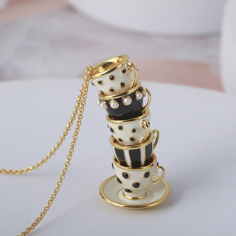 Stacked Teacups Tea Cup Necklace - Black & White