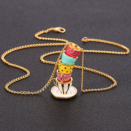 Pastel Stacked Teacups Tea Cup Necklace - Pink, Blue, Yellow, White, Red