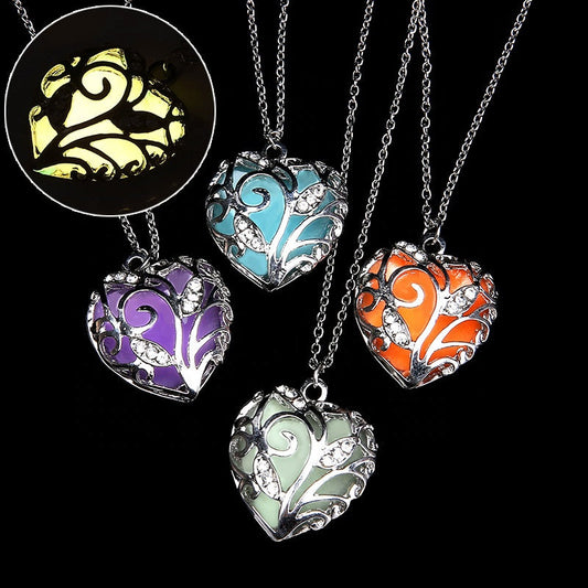 Luminous Orange Heart, Glow in the Dark Silver Necklace