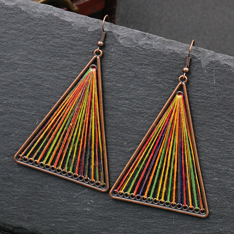 Red Geometric Triangle Woven Cloth Boho Earrings
