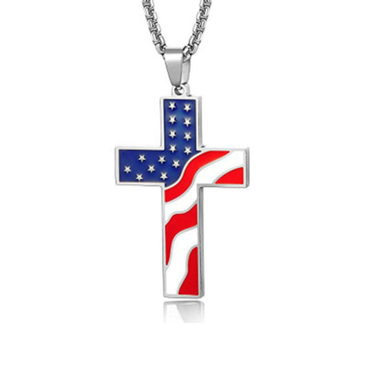 Siver American Flag Cross Necklace