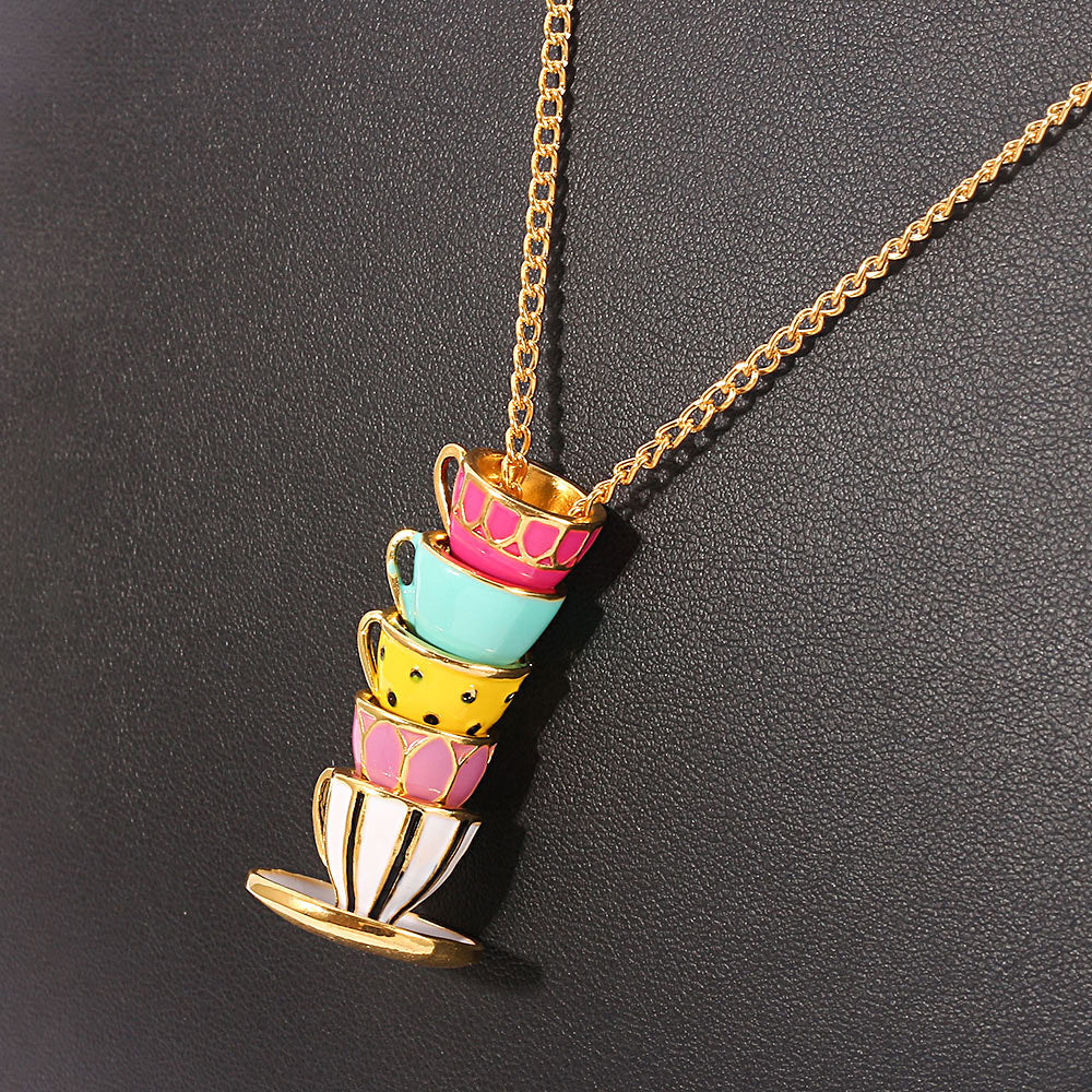 Stacked Teacups Tea Cup Necklace - Black & White