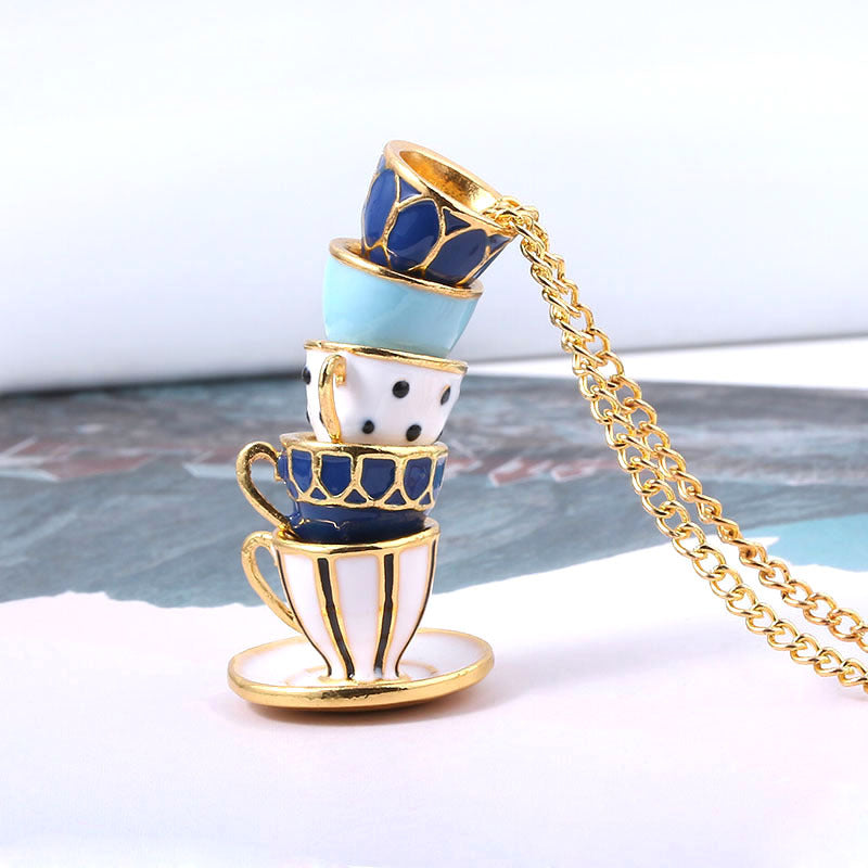 Stacked Teacups Tea Cup Necklace - Purple & White