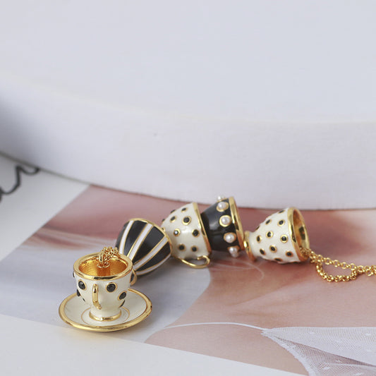 Stacked Teacups Tea Cup Necklace - Black & White