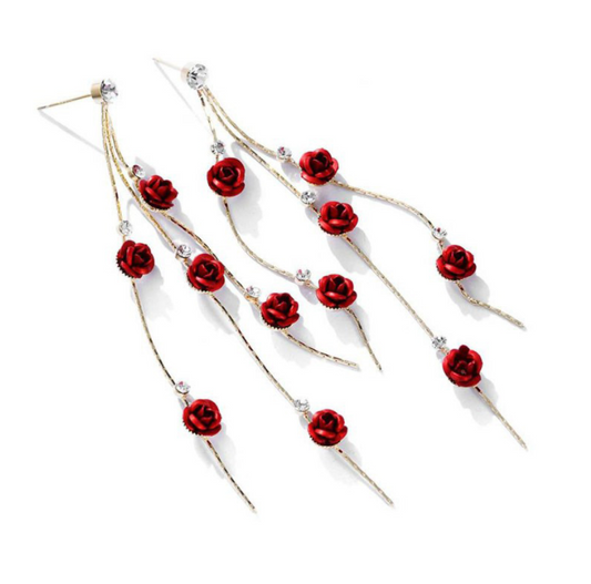 Red Rose Petal Gold Tassle Earrings