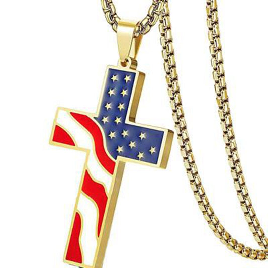 Gold American Flag Cross Necklace