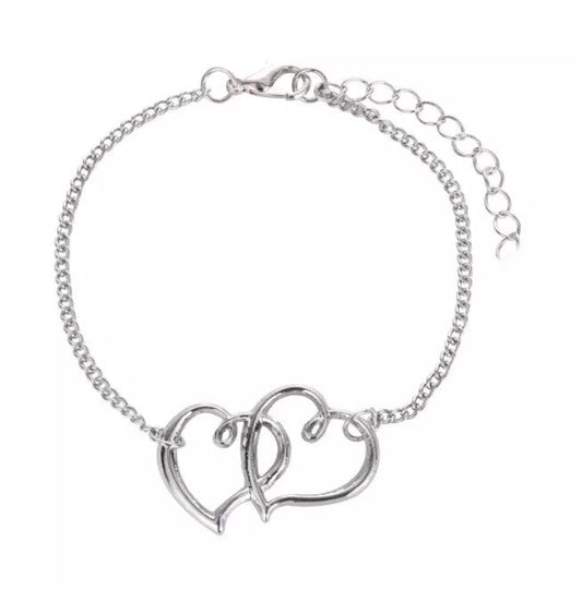 Slim Double Heart Love Silver Anklet, Bracelet
