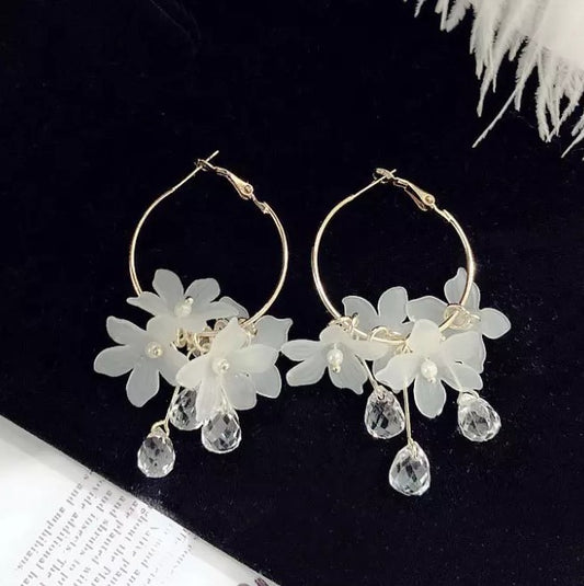 Crystal White Flower Hoop Earrings