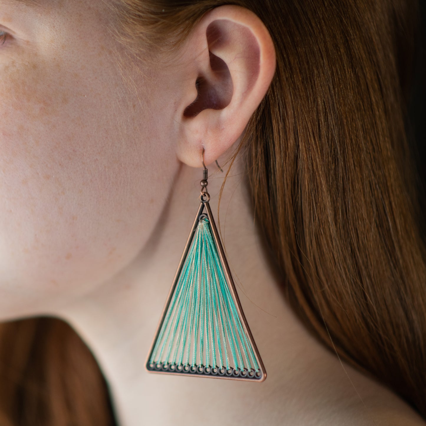Green Geometric Triangle Woven Cloth Boho Earrings