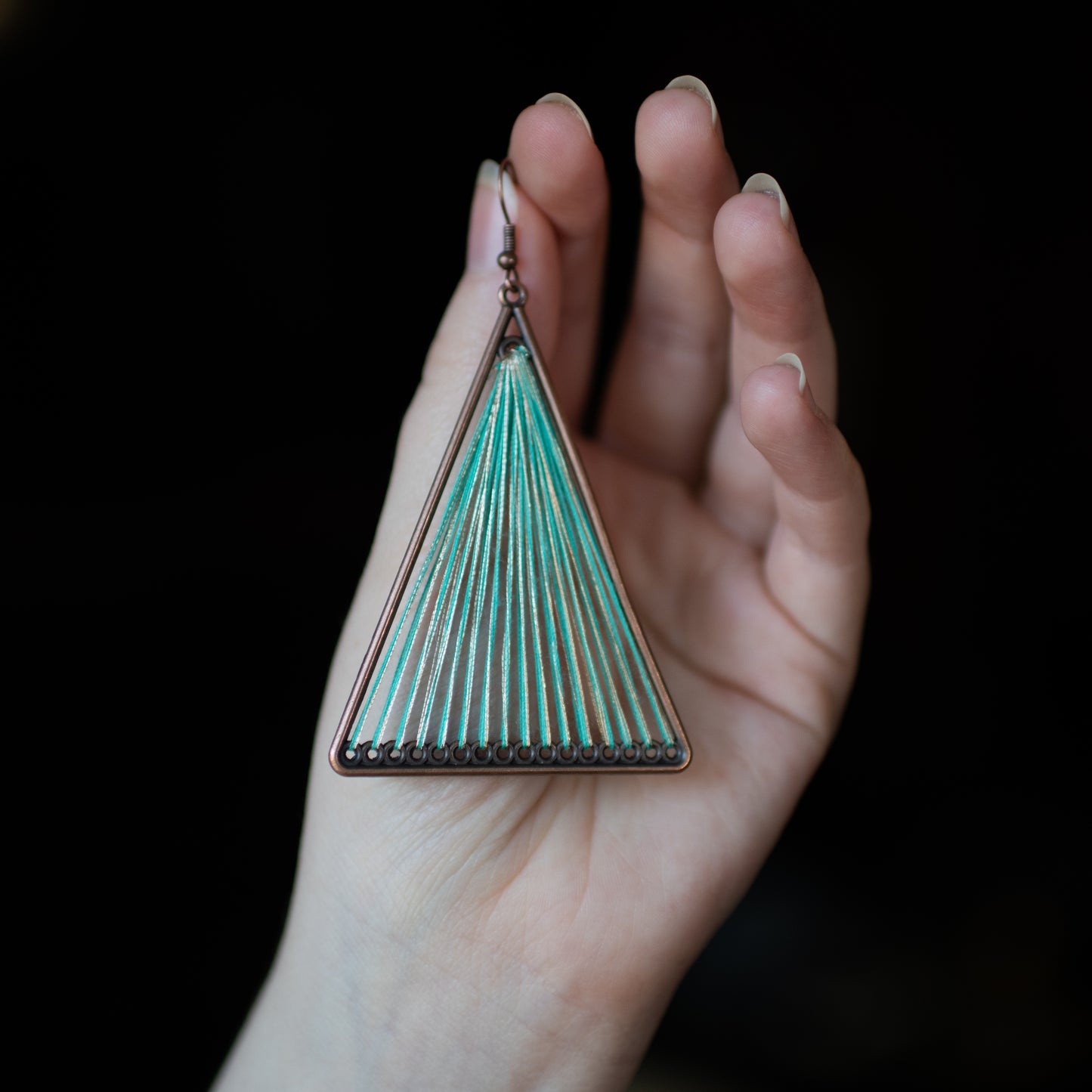 Green Geometric Triangle Woven Cloth Boho Earrings
