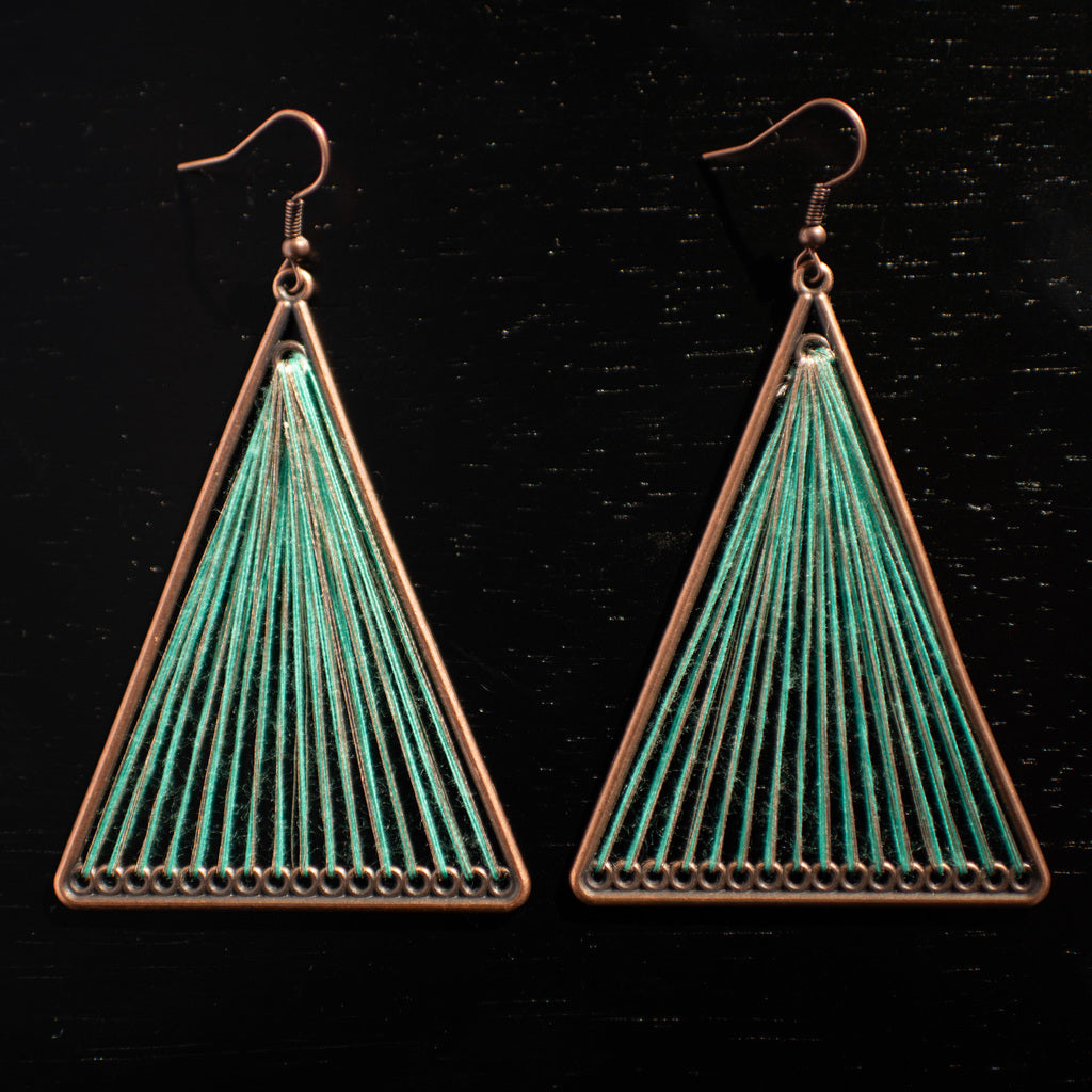 Green Geometric Triangle Woven Cloth Boho Earrings