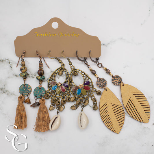 3 Pairs/Set Bohemian Boho Earrings - Feather, Tassle and Shell, C#1