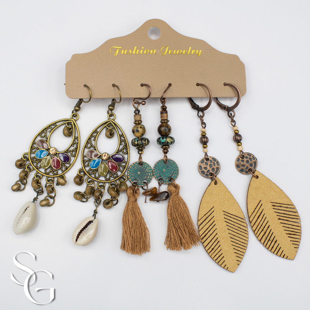 3 Pairs/Set Bohemian Boho Earrings - Feather, Tassle and Shell, C#1