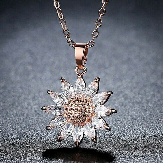 Elegant Simulated Diamond Crystal Rose Gold Sunflower Necklace