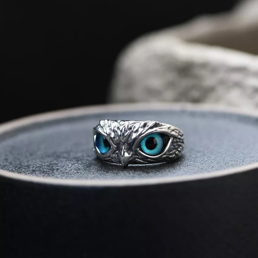 Cute Owl Blue Eye Silver Ring