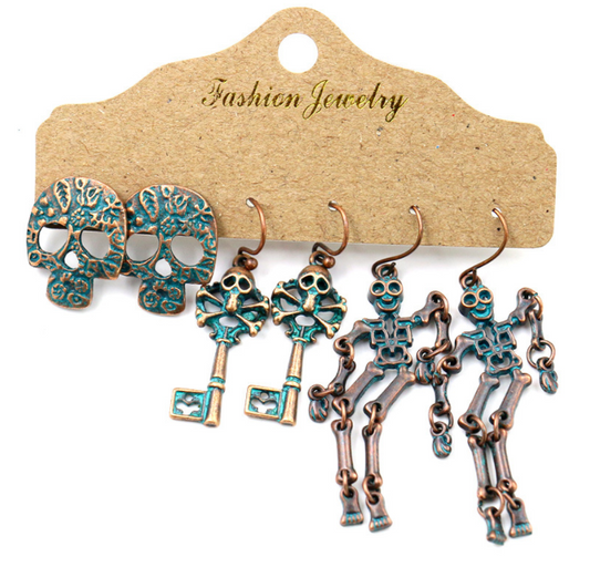 3 Pairs Set of Skeleton, Skull Earrings
