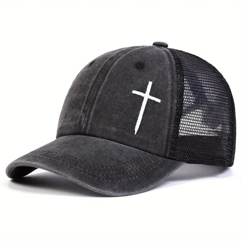 Christian Cross Embroidered Trucker Hat Adjustable Mesh Baseball Cap Unisex