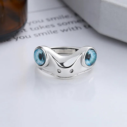 Cute Frog Blue Eye Silver Ring