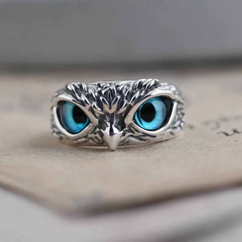 Cute Owl Blue Eye Silver Ring