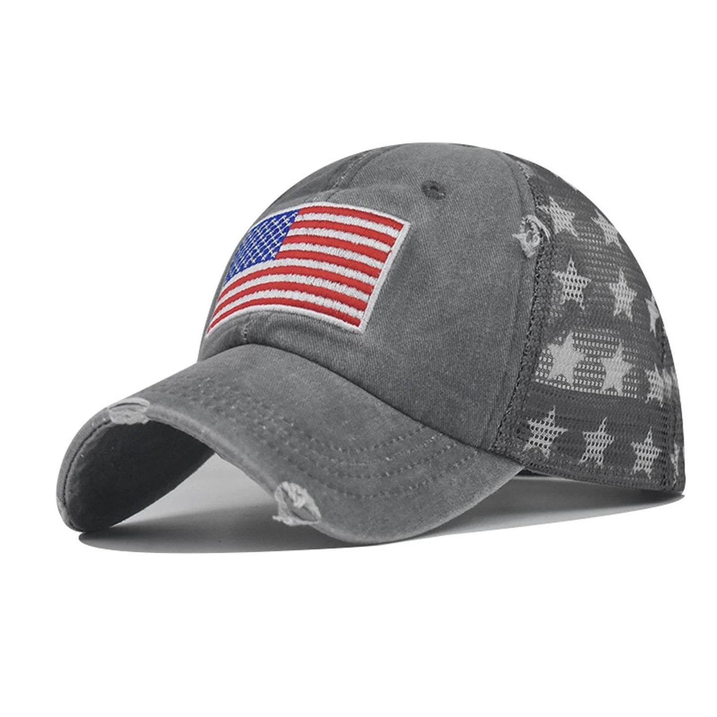 Black American Flag Star Trucker Cap-Washed Distressed USA Embroidery-Adjustable