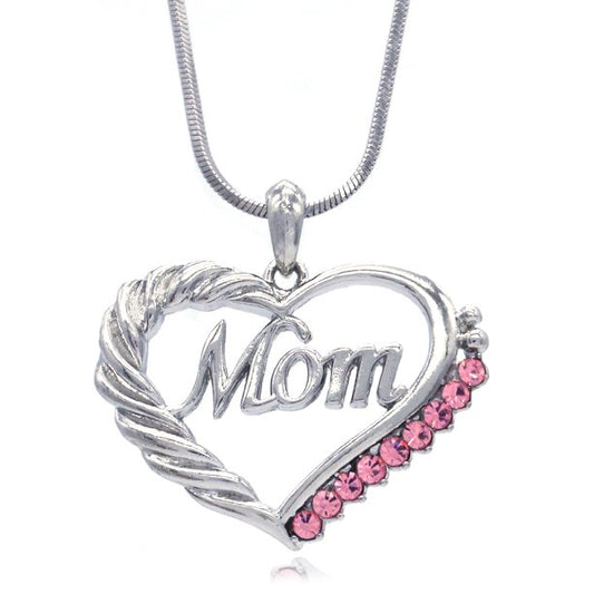 Silver Mom with Heart and Pink Crystal Necklace