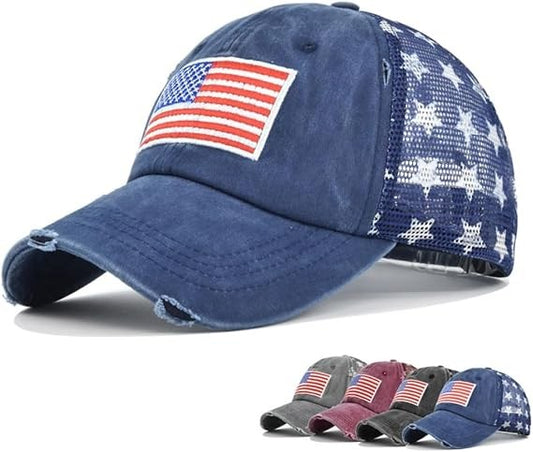 Black American Flag Star Trucker Cap-Washed Distressed USA Embroidery-Adjustable