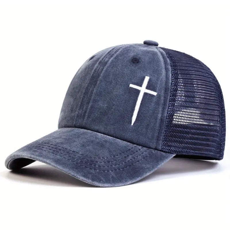 Christian Cross Embroidered Trucker Hat Adjustable Mesh Baseball Cap Unisex