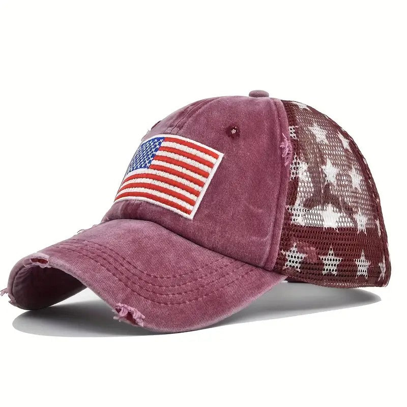 Black American Flag Star Trucker Cap-Washed Distressed USA Embroidery-Adjustable
