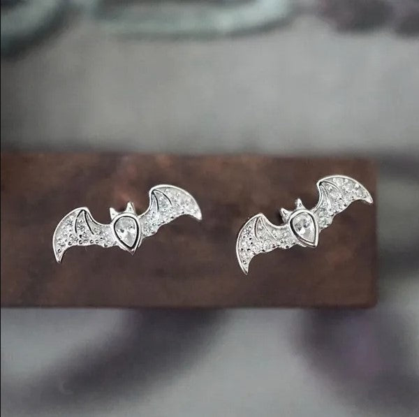 Silver Bat Crystal Stud Earrings