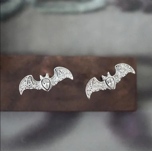 Silver Bat Crystal Stud Earrings